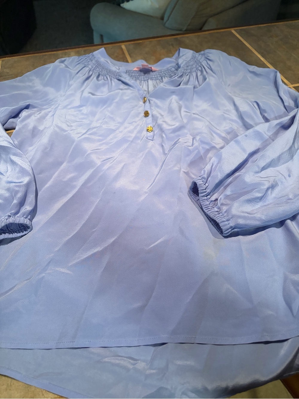 Lilly Pulitzer Light Blue 100 % silk Peasant Blouse with Button Accents- sz Med